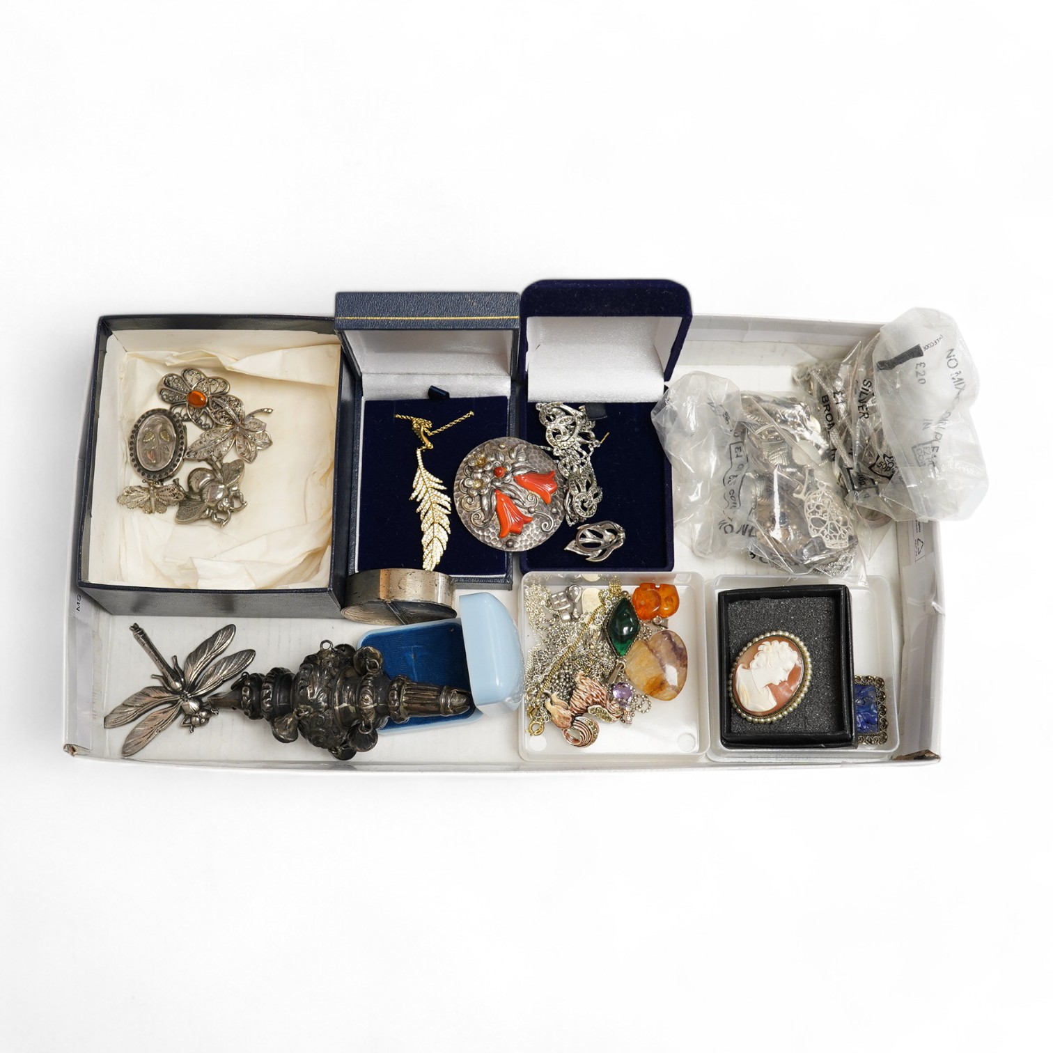 A quantity of assorted jewellery including costume, marcasite and white metal and an Edwardian silver child's rattle (a.f.). Condition - poor to fair to good